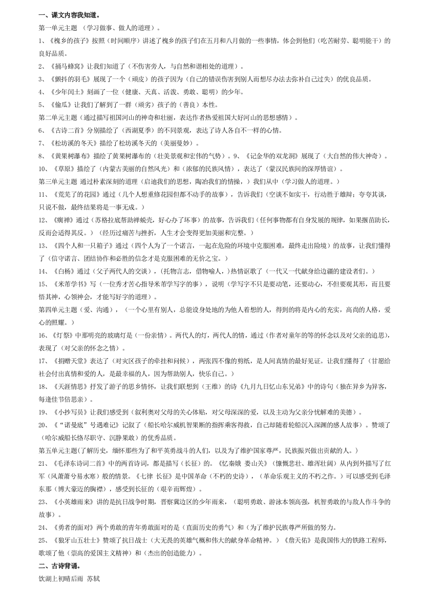 冀教版小学语文五年级下册专项复习资料(背诵篇)