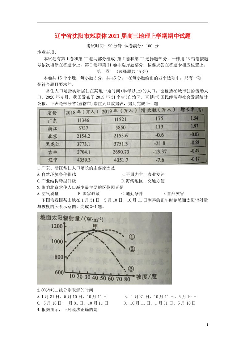 辽宁省沈阳市郊联体2021届高三地理上学期期中试题