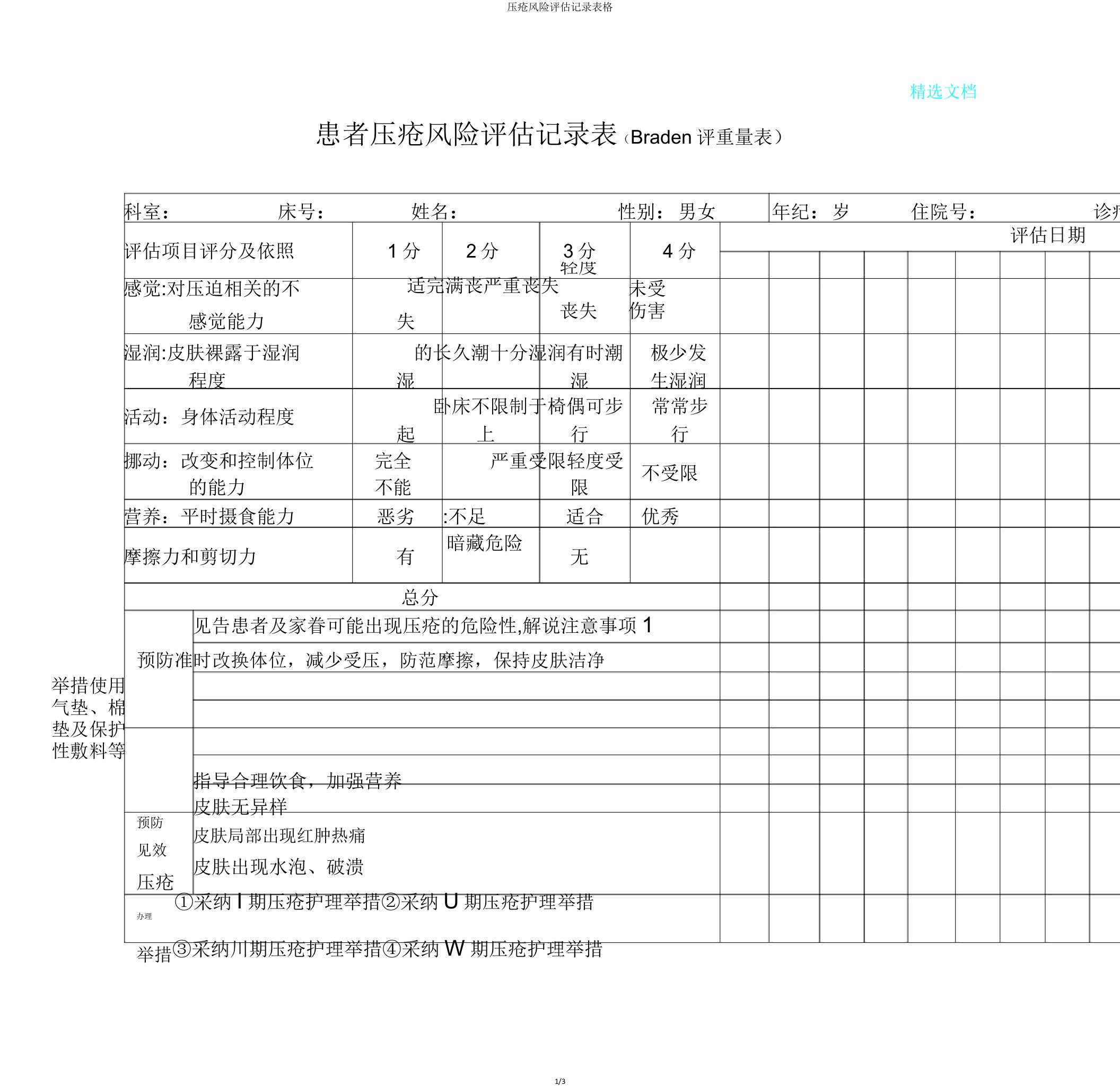 压疮风险评估记录表格