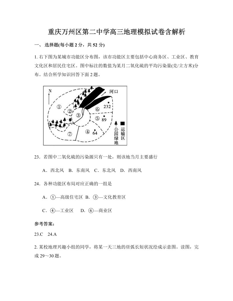 重庆万州区第二中学高三地理模拟试卷含解析