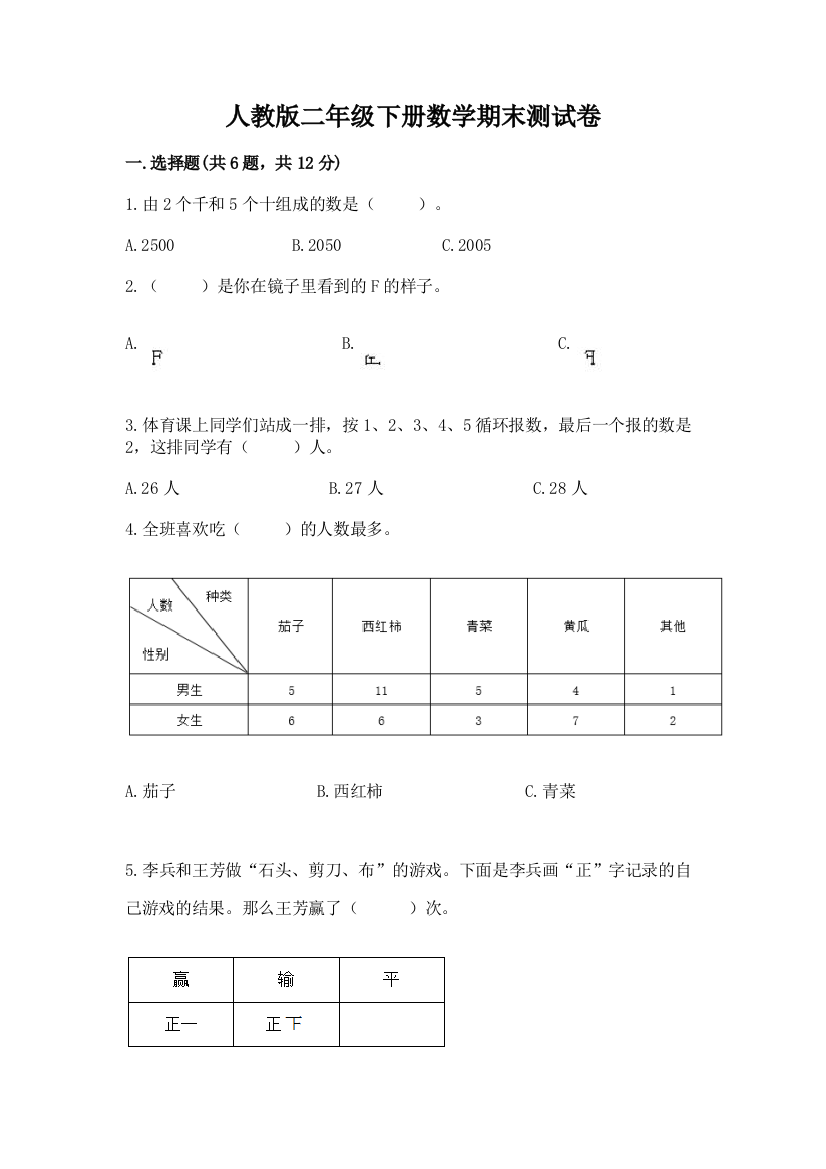 人教版二年级下册数学期末测试卷加答案下载