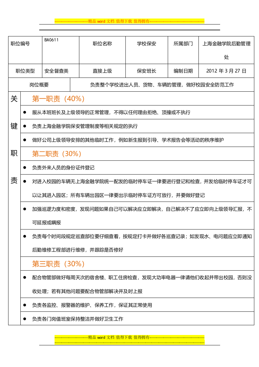 上海金融学院门卫岗位说明说