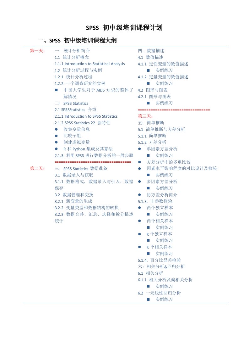 SPSS初中级培训课程计划安排表