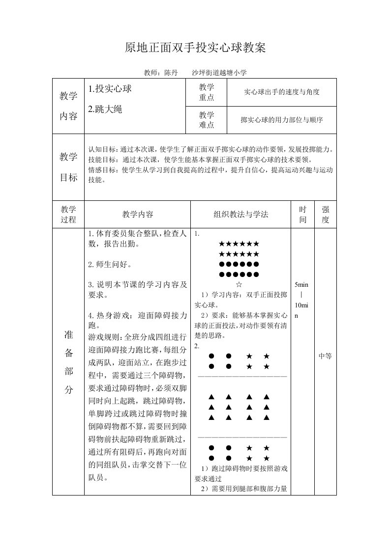 原地双手正面投实心球教案