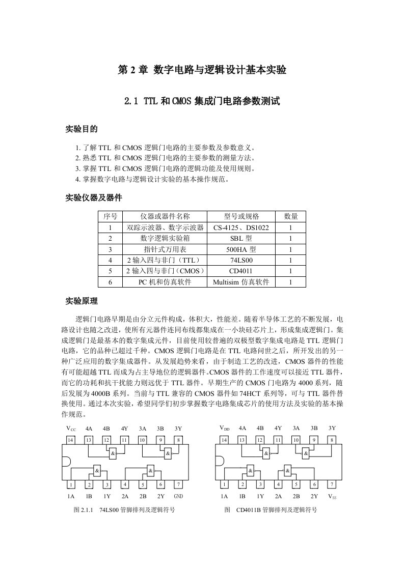 实验一TTL和CMOS集成门电路参数测试