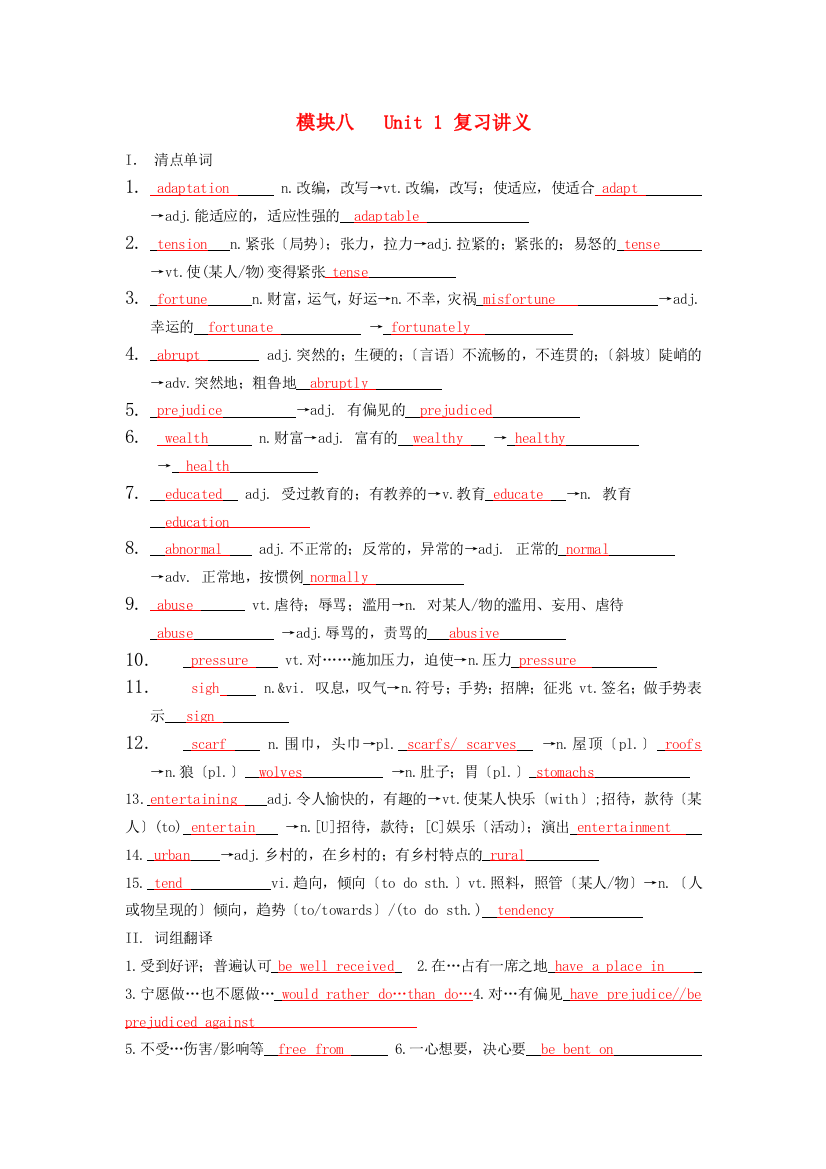 （整理版高中英语）模块八Unit1复习讲义