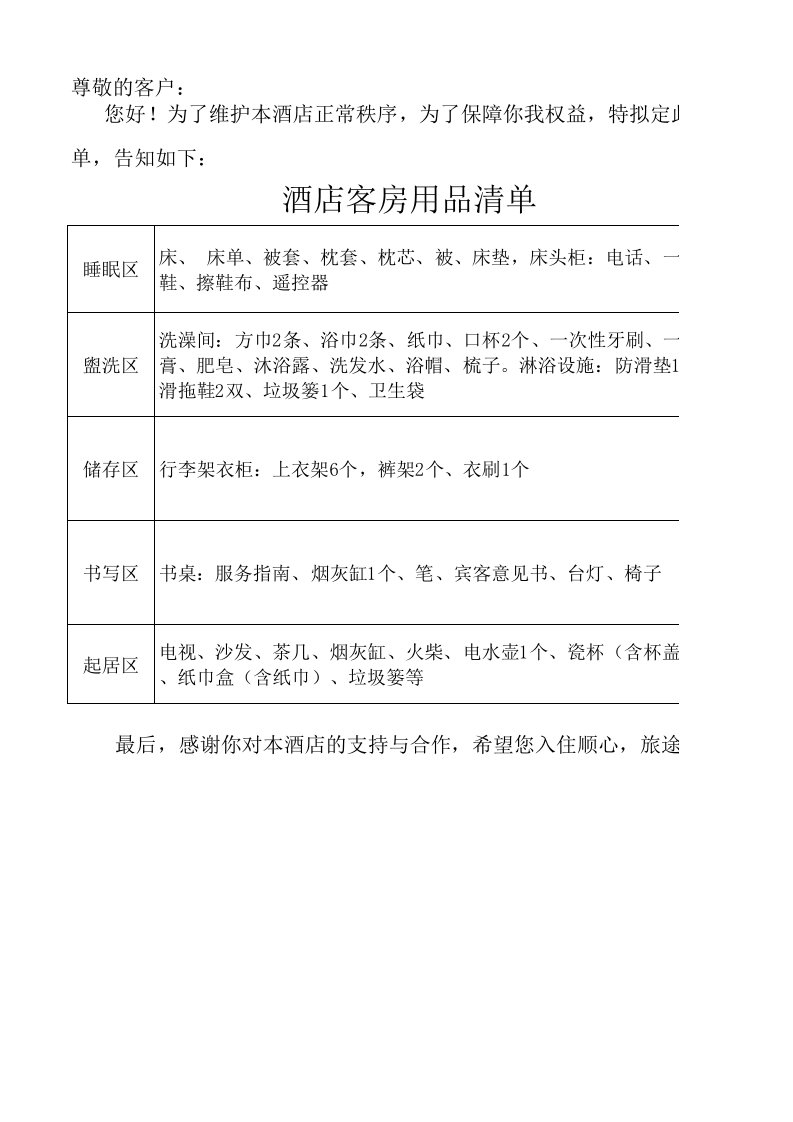 酒店客房用品清单