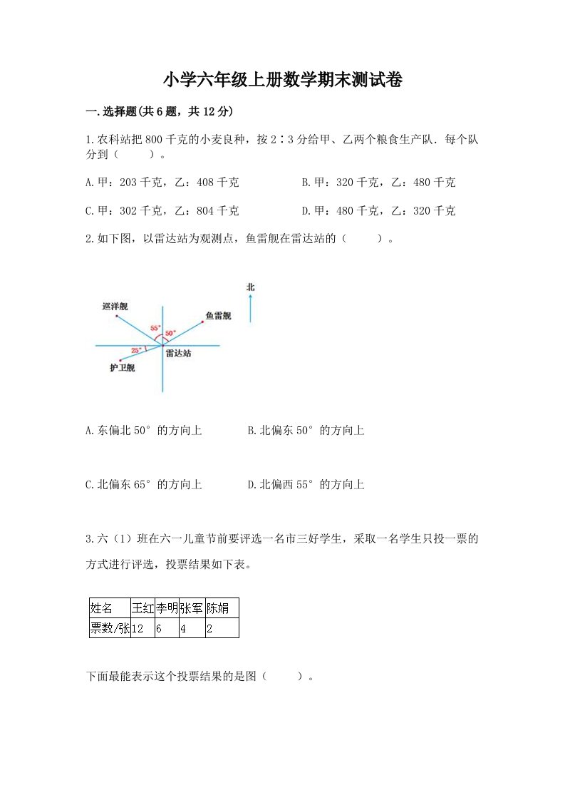 小学六年级上册数学期末测试卷精品（夺分金卷）