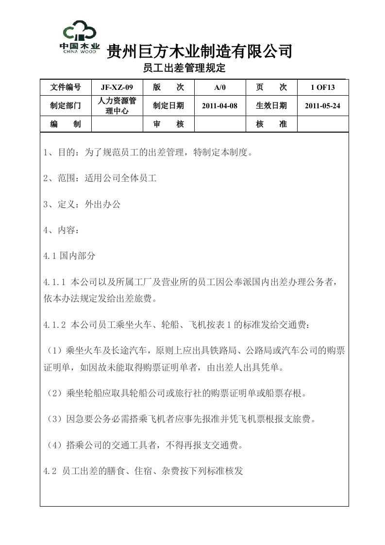 巨方木业出差管理规定