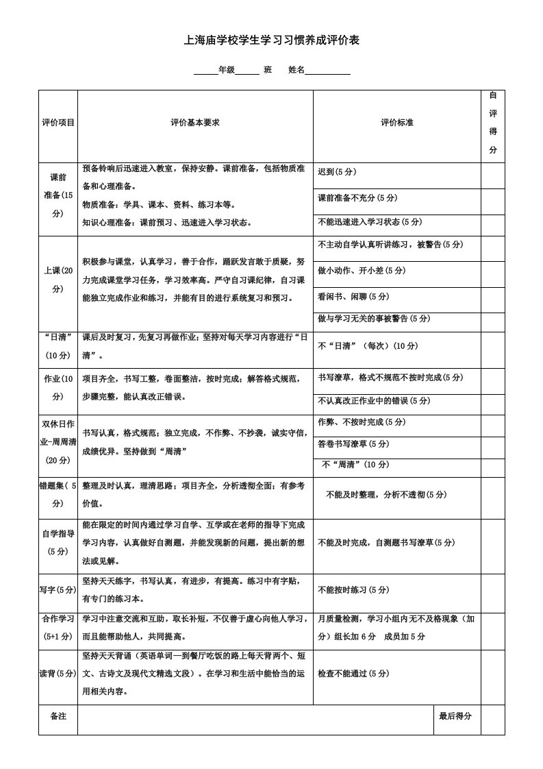 上海庙学校学生学习习惯养成评价表