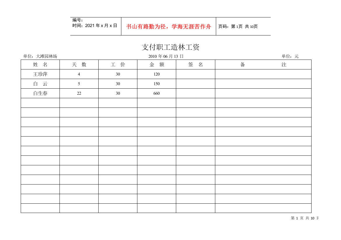 支付职工造林工资