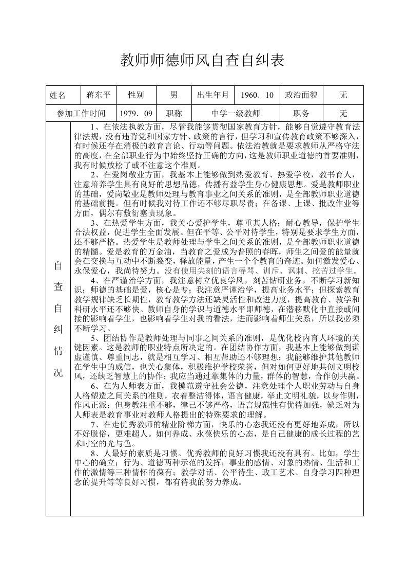 教师师德师风自查自纠表