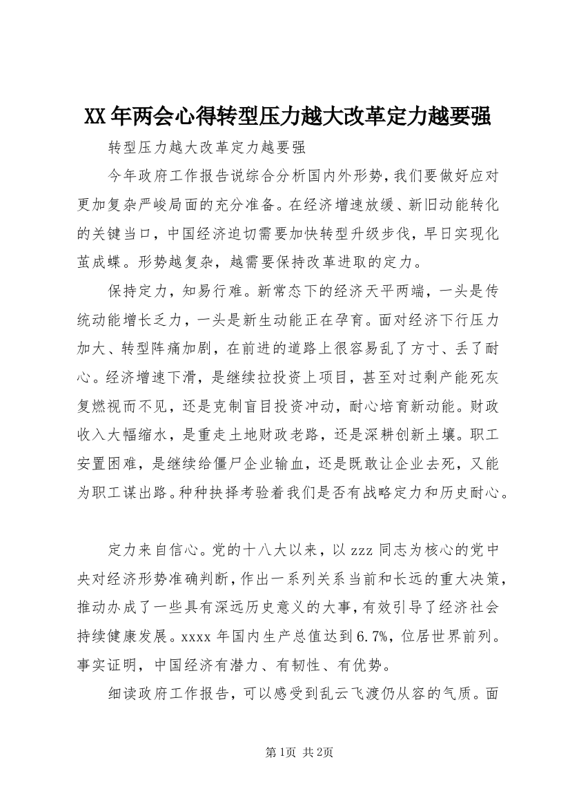 XX年两会心得转型压力越大改革定力越要强