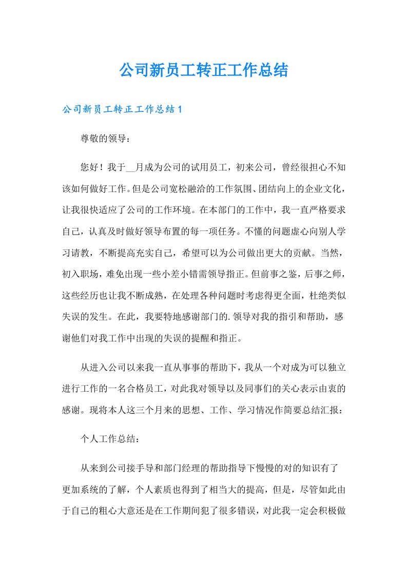 公司新员工转正工作总结（整合汇编）