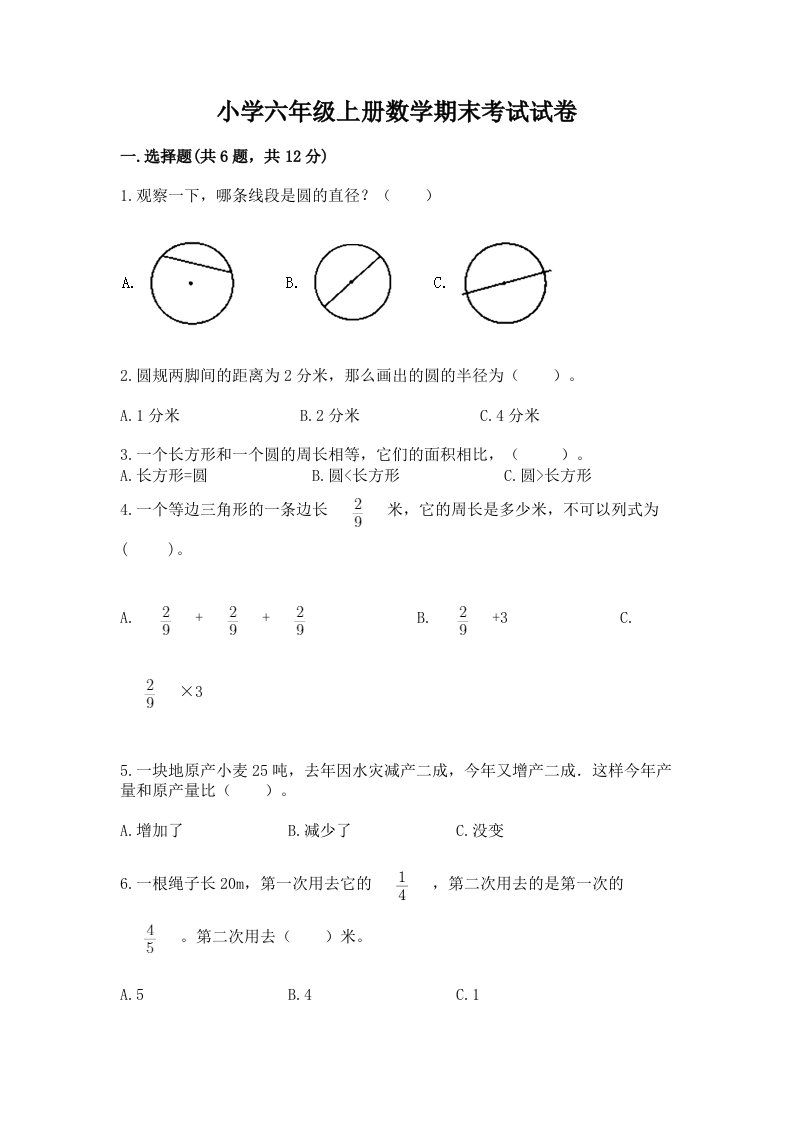 小学六年级上册数学期末考试试卷及一套参考答案