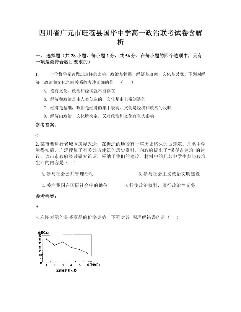 四川省广元市旺苍县国华中学高一政治联考试卷含解析