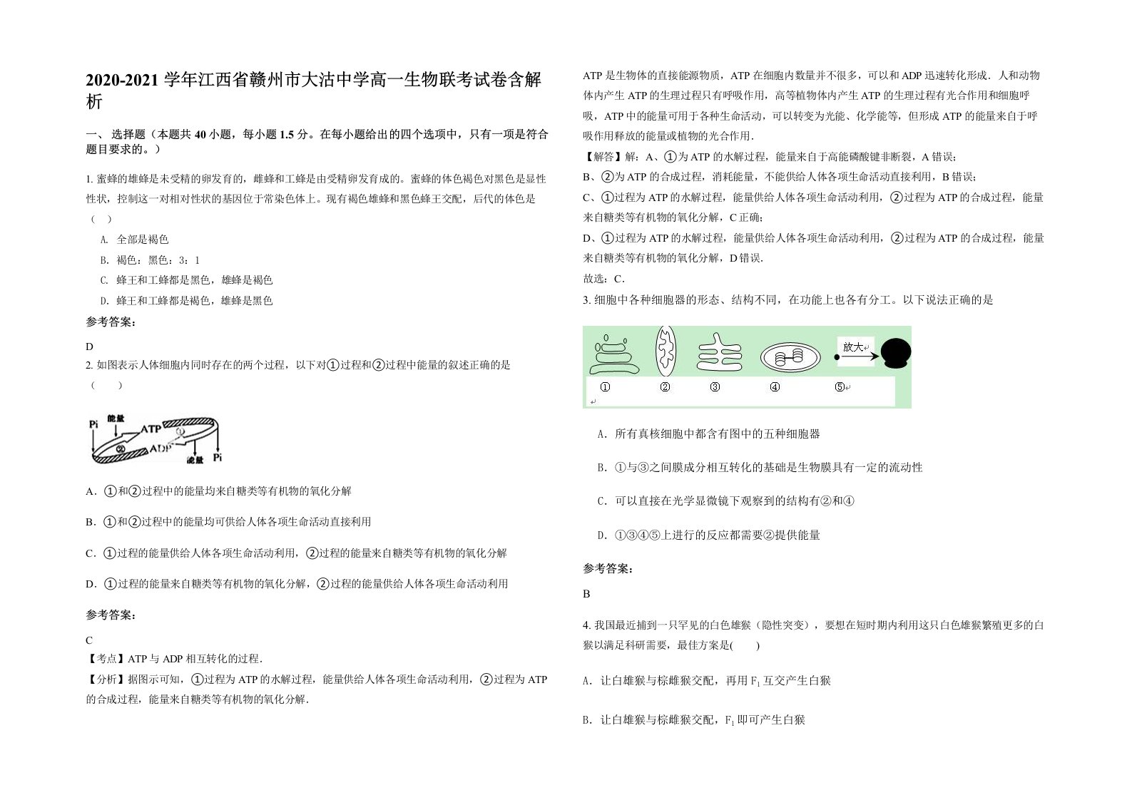 2020-2021学年江西省赣州市大沽中学高一生物联考试卷含解析