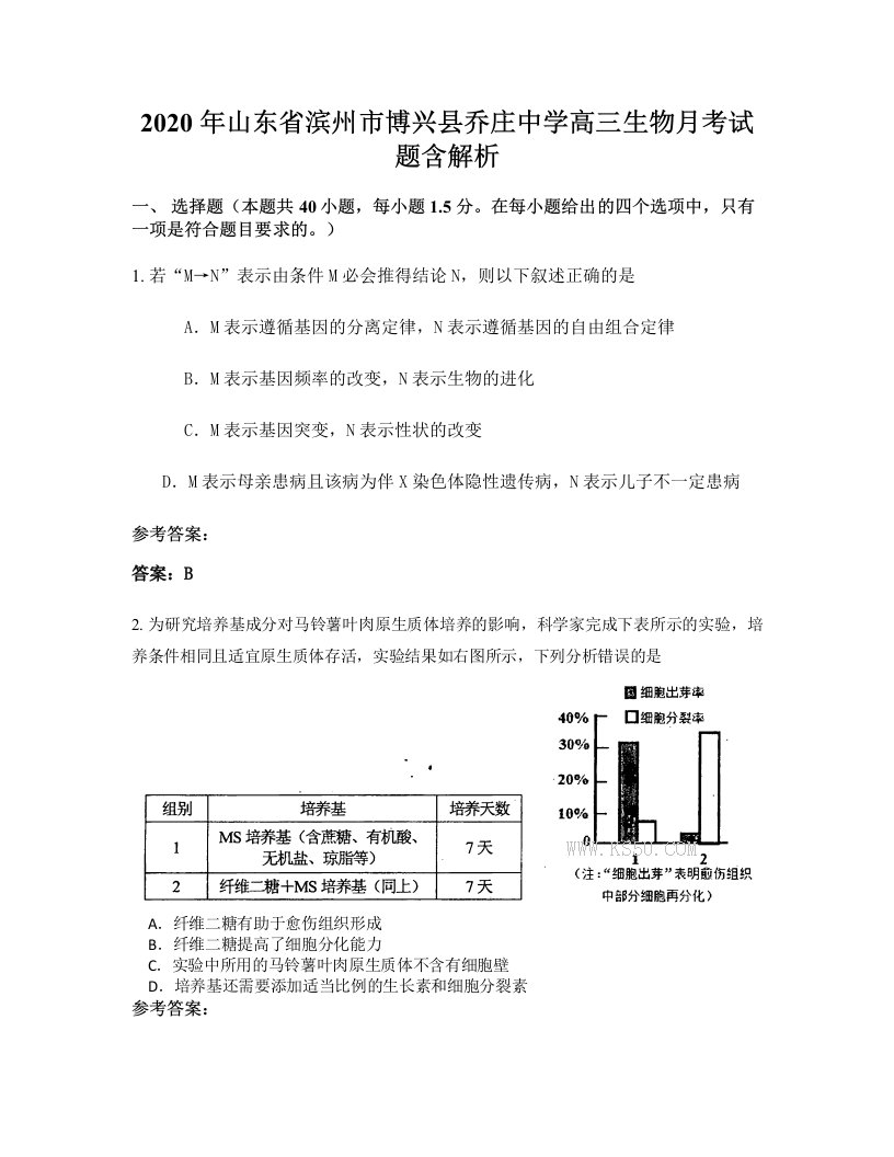 2020年山东省滨州市博兴县乔庄中学高三生物月考试题含解析