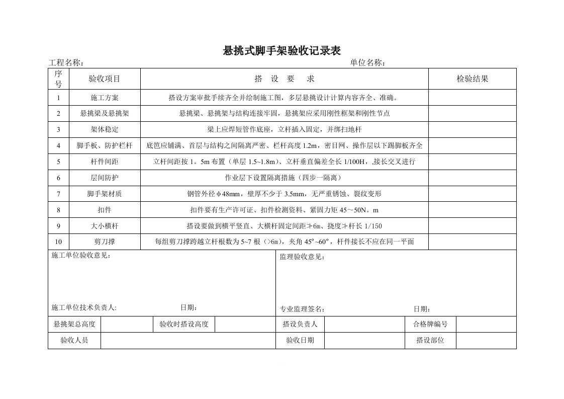 悬挑式脚手架验收记录表