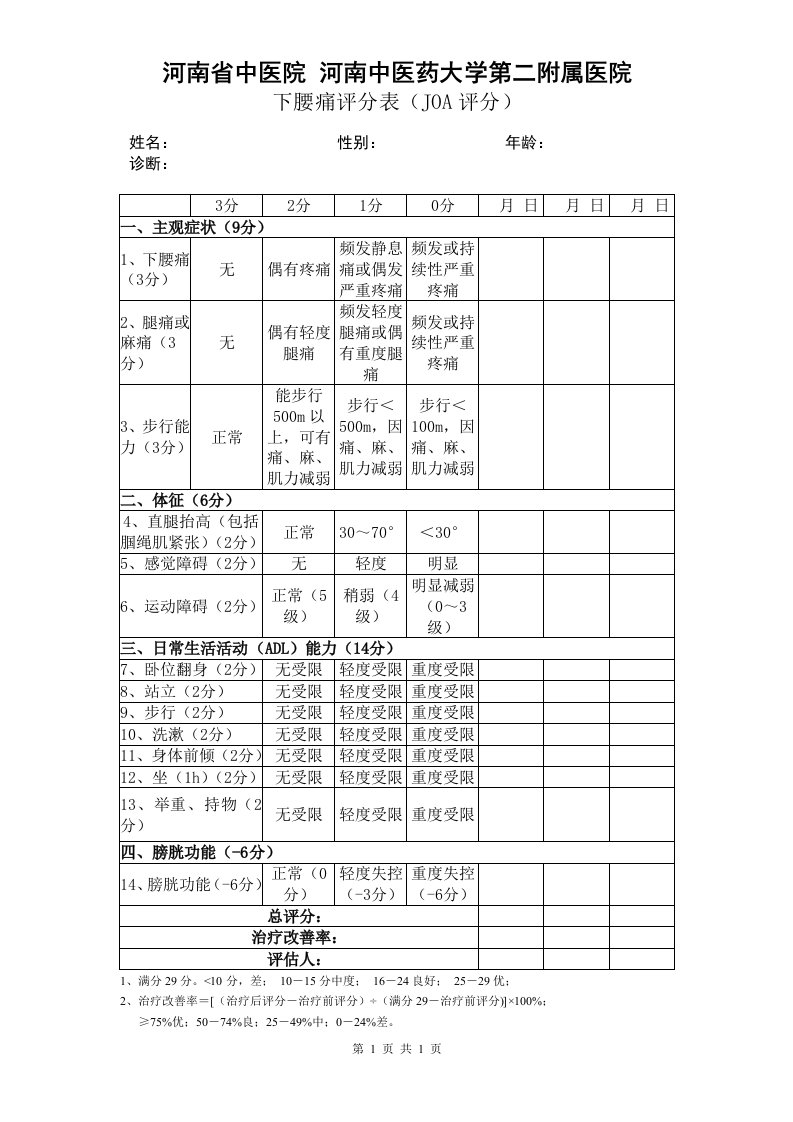 下腰痛评分表（JOA评分）