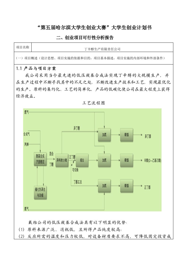 丁辛醇生产有限责任公司创业计划书