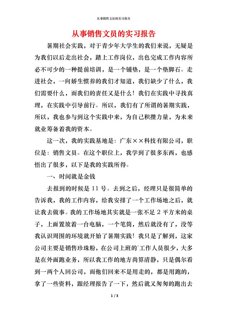 精编从事销售文员的实习报告