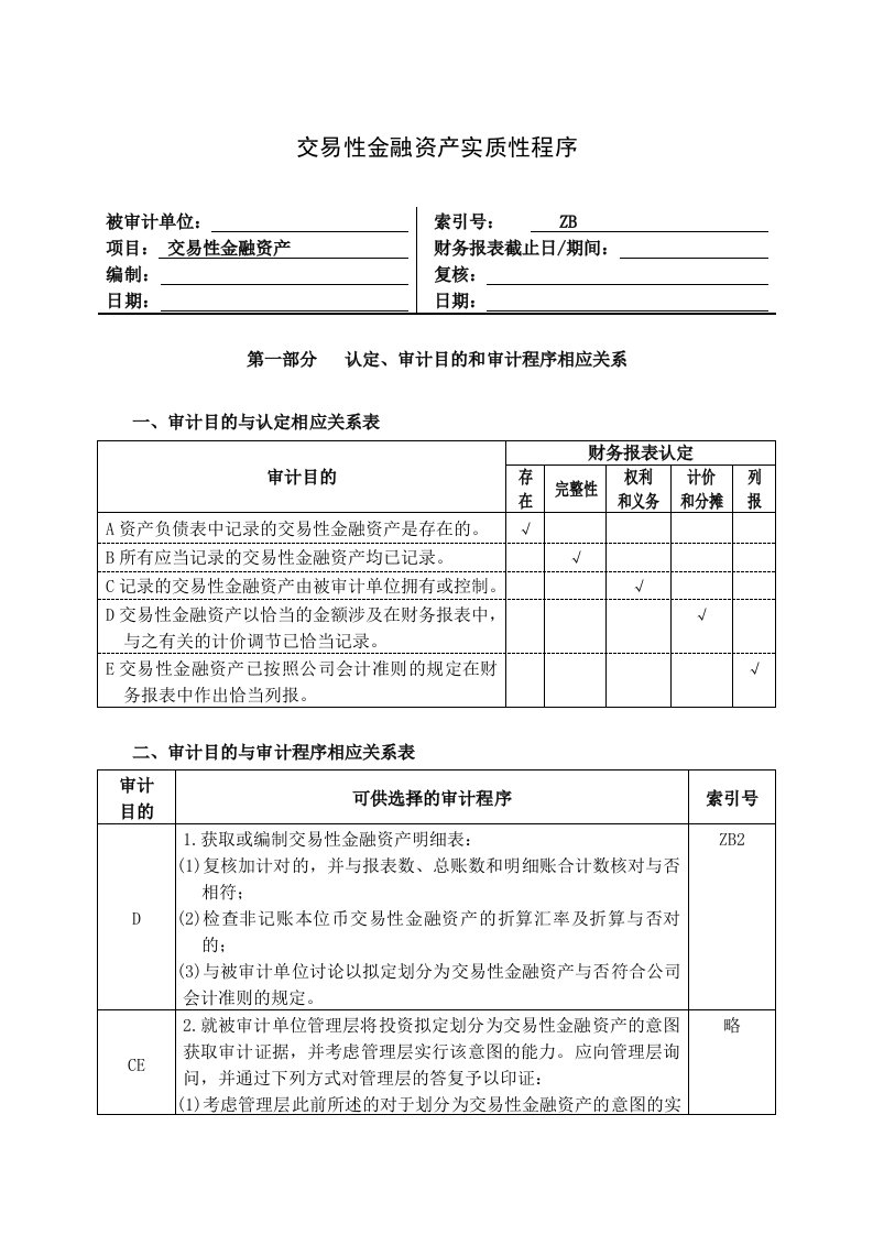 交易性金融资产实质性程序