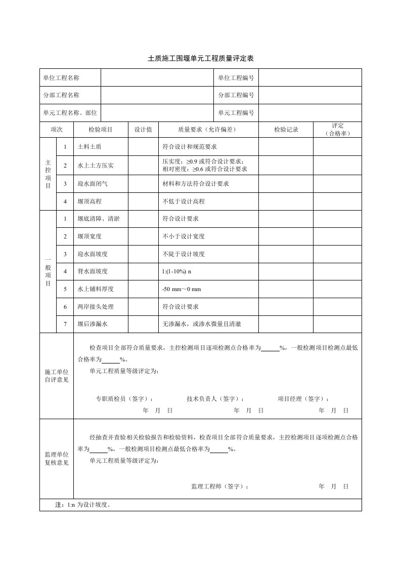 围堰单元工程质量评定表