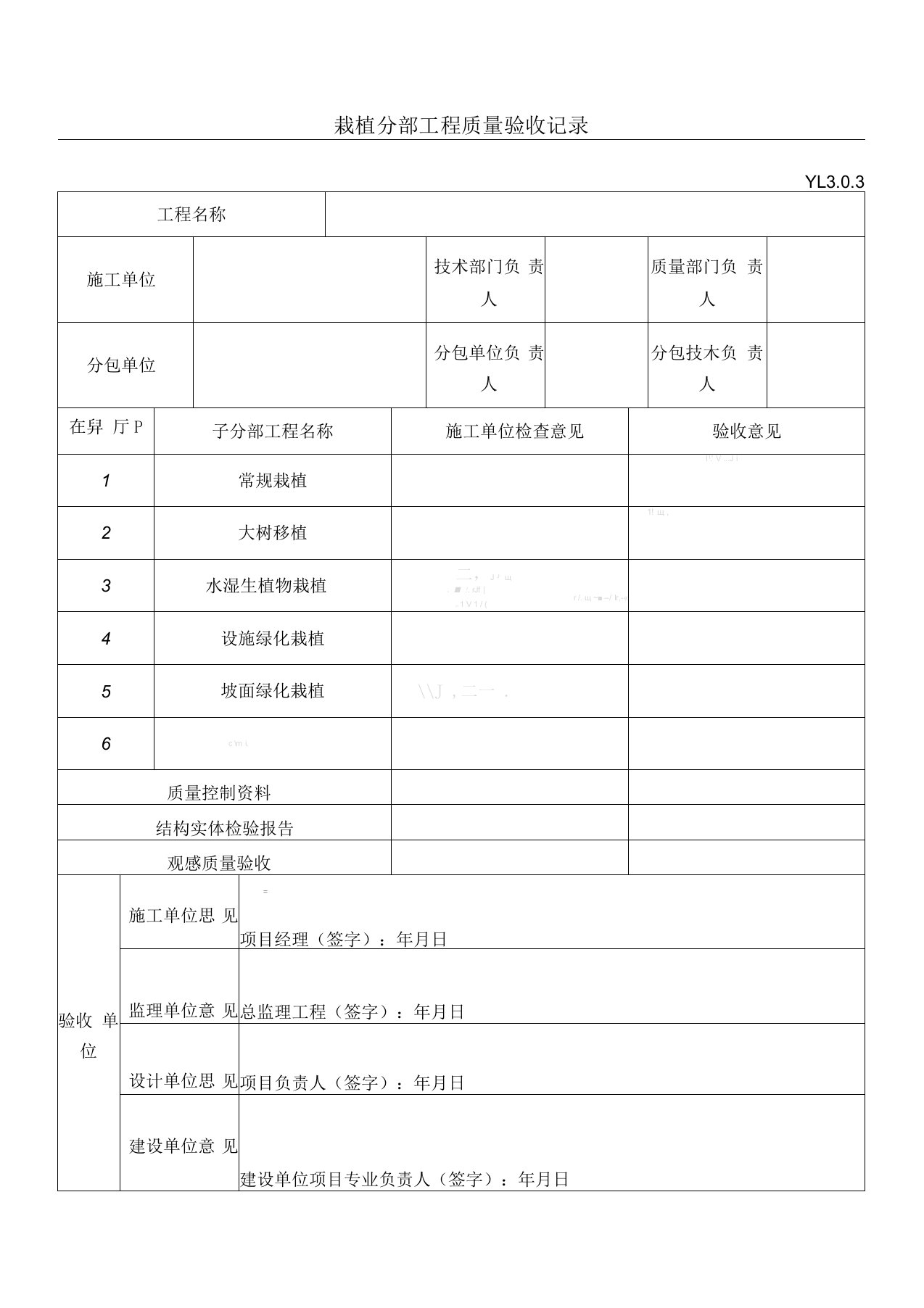 栽植工程分部(子分部)工程质量验收记录