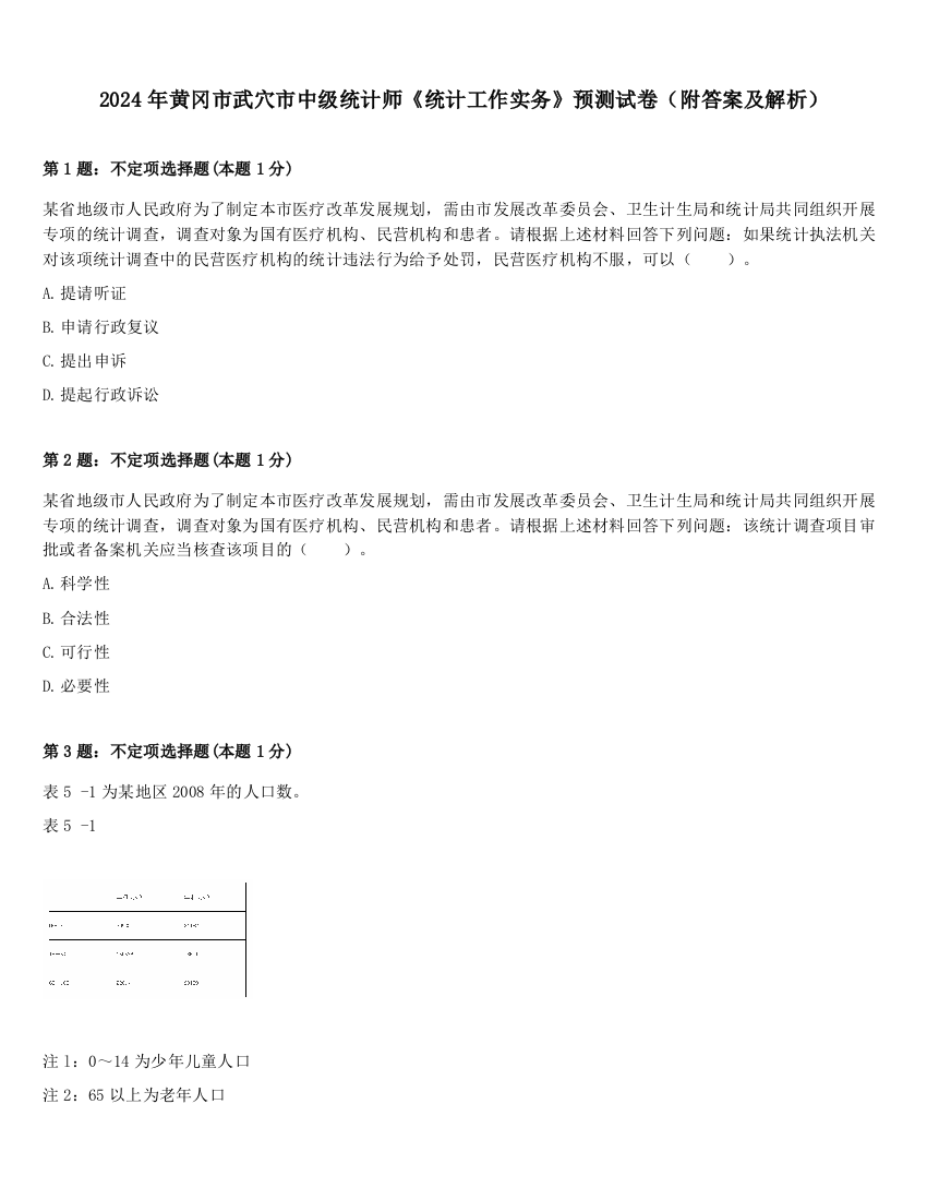 2024年黄冈市武穴市中级统计师《统计工作实务》预测试卷（附答案及解析）