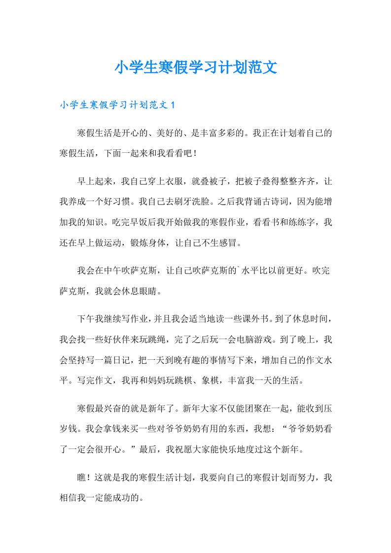 小学生寒假学习计划范文