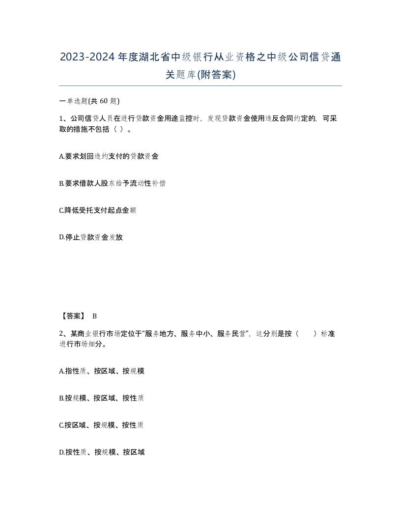 2023-2024年度湖北省中级银行从业资格之中级公司信贷通关题库附答案