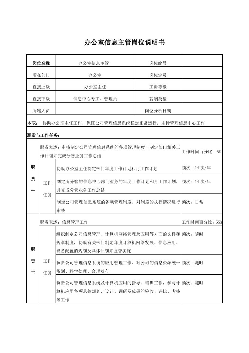 电力行业-电力办公室信息主管岗位说明书