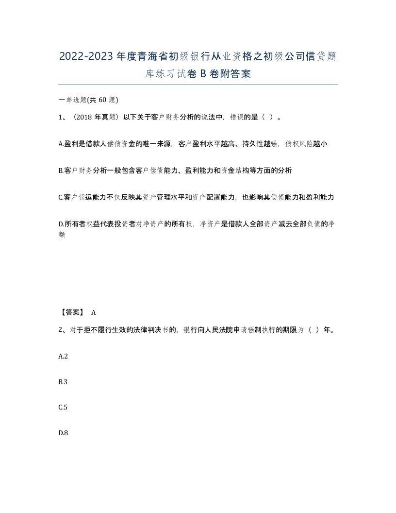 2022-2023年度青海省初级银行从业资格之初级公司信贷题库练习试卷B卷附答案