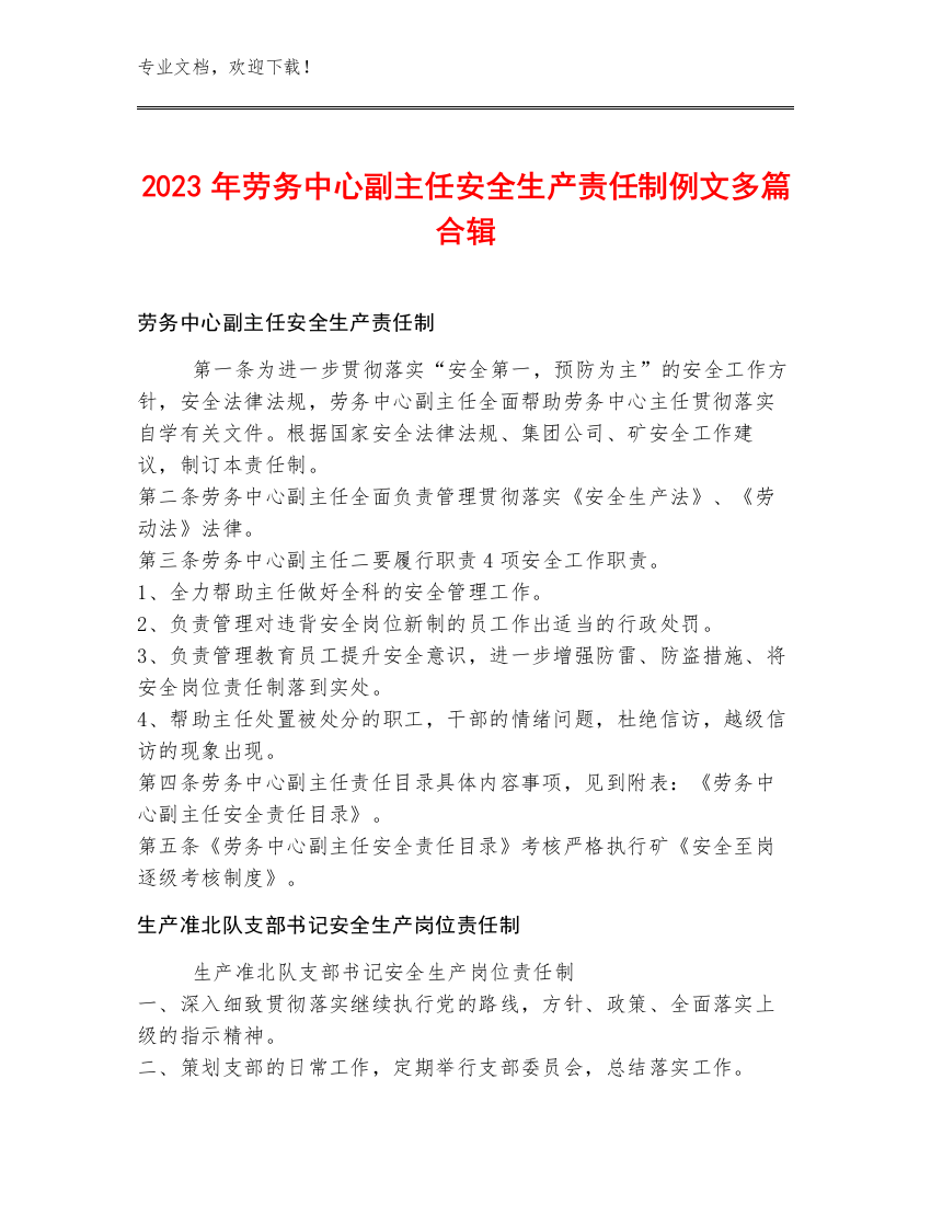 2023年劳务中心副主任安全生产责任制例文多篇合辑