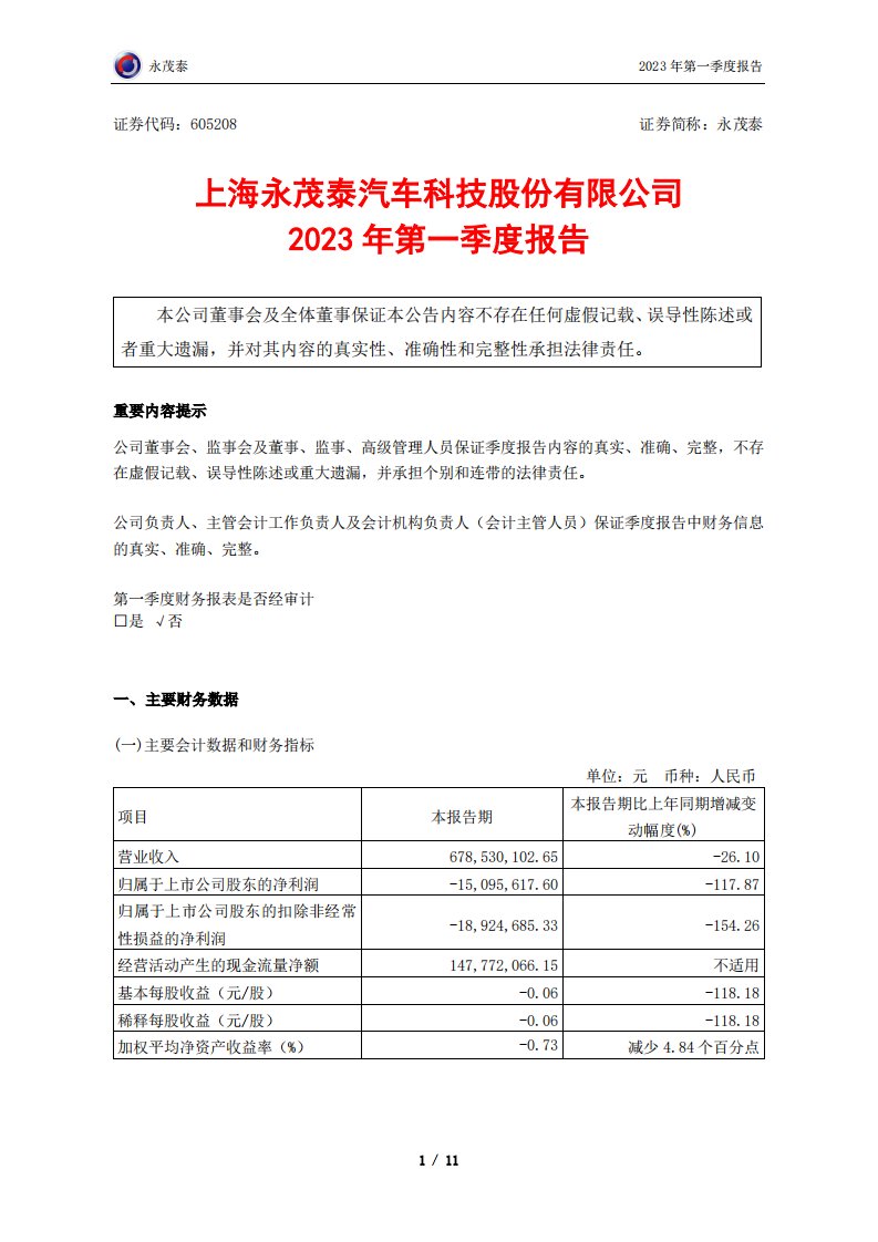 上交所-永茂泰2023年第一季度报告-20230427