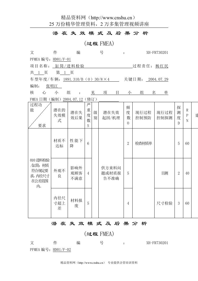 潜在失效模式及后果分析(过程FMEA)