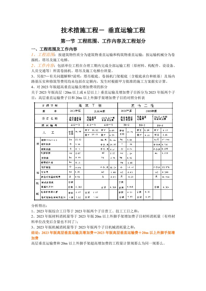 垂直运输费用的计算