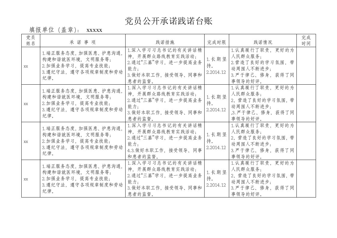 党员公开承诺践诺台账模板