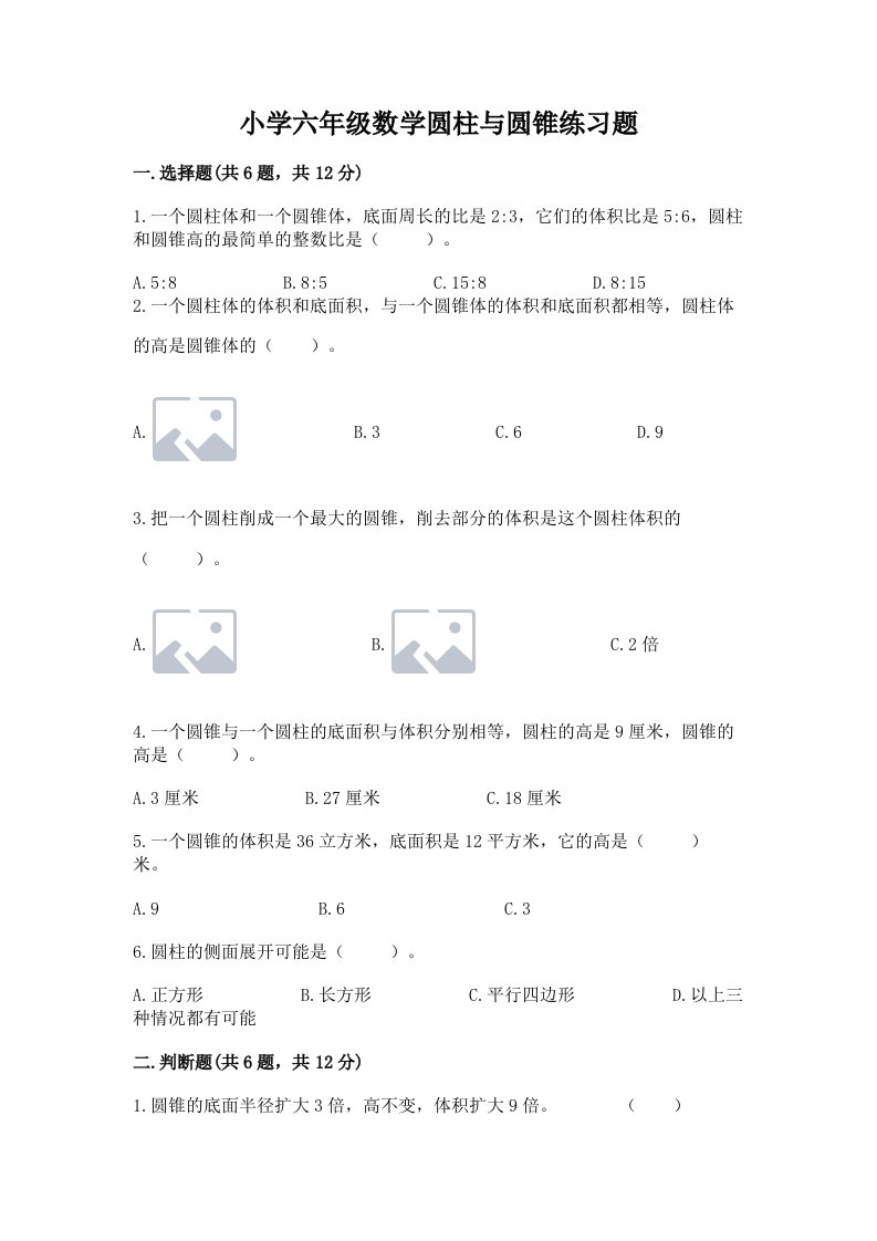 小学六年级数学圆柱与圆锥练习题含答案【新】