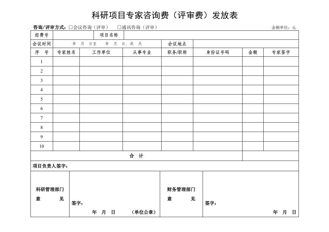 科研项目专家咨询费(评审费)发放表