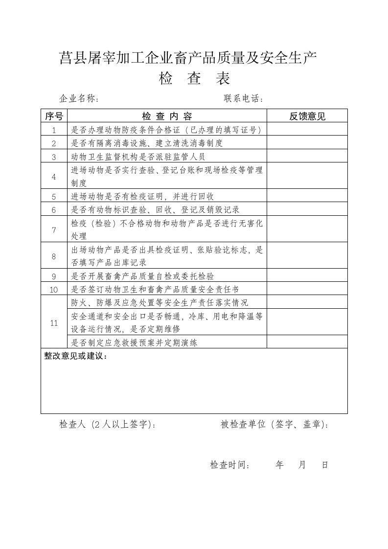 莒县畜牧兽医局安全生产检查表