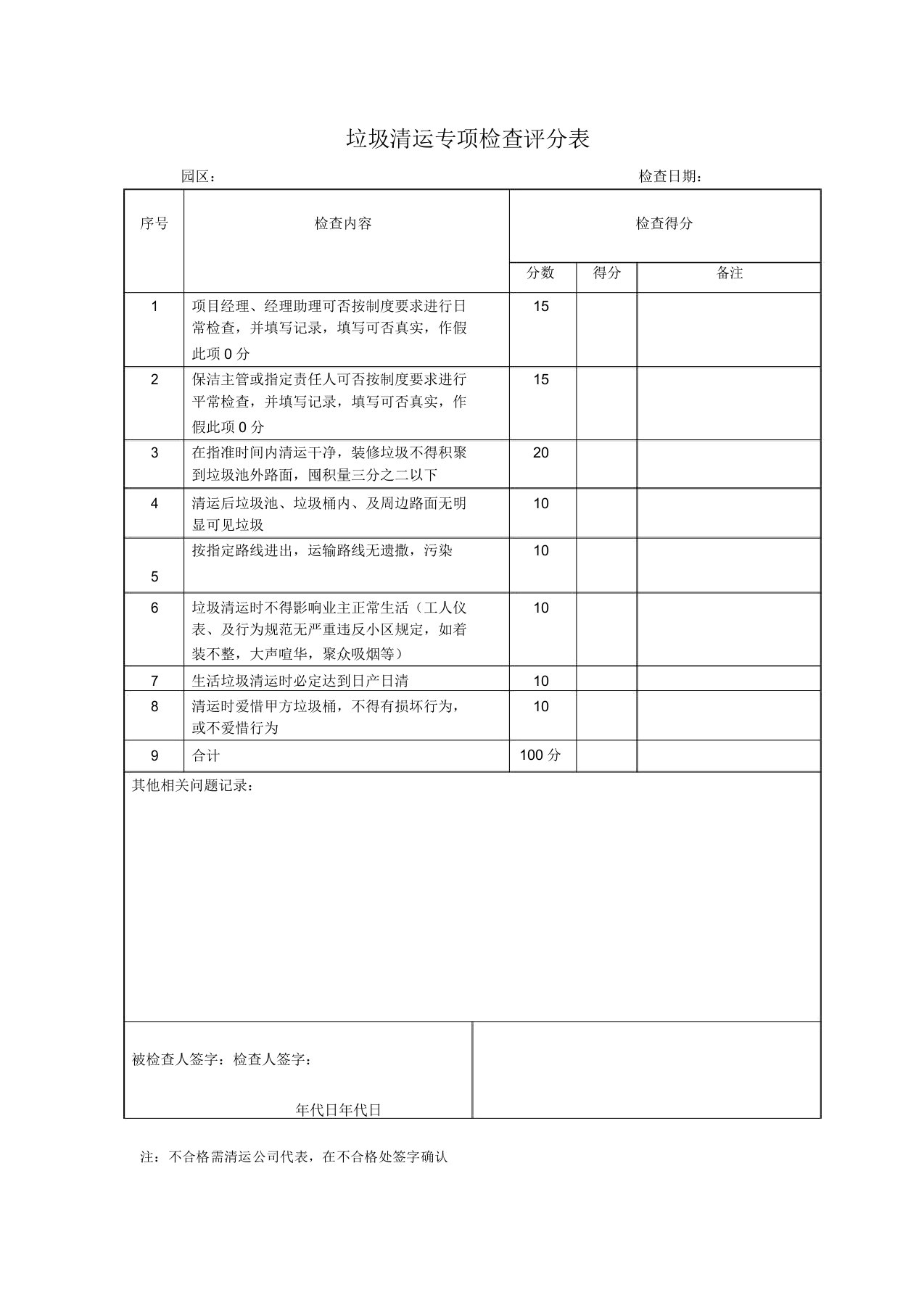 垃圾清运专项检查评分表