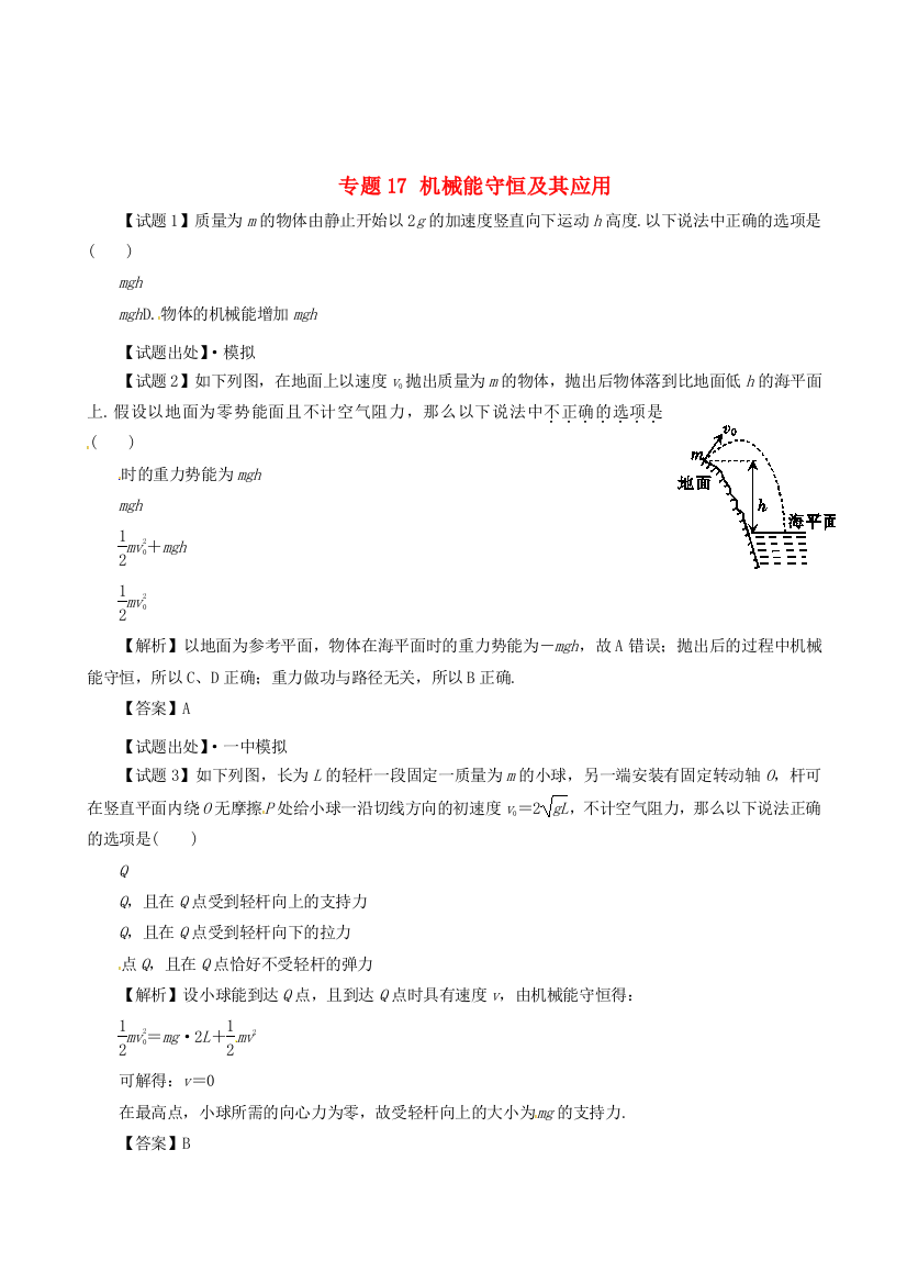 （高中物理）专题17机械能守恒及其应用