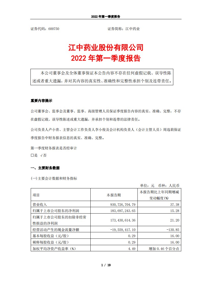 上交所-江中药业股份有限公司2022年第一季度报告