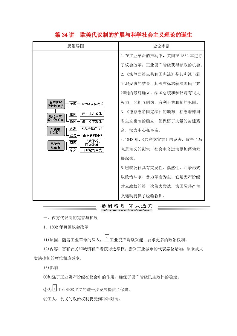 通史版2021届高考历史一轮复习模块二世界史篇第13单元西方工业文明的确立与纵深发展_两次工业革命时期的世界第34讲欧美代议制的扩展与科学社会主义理论的诞生学案含解析