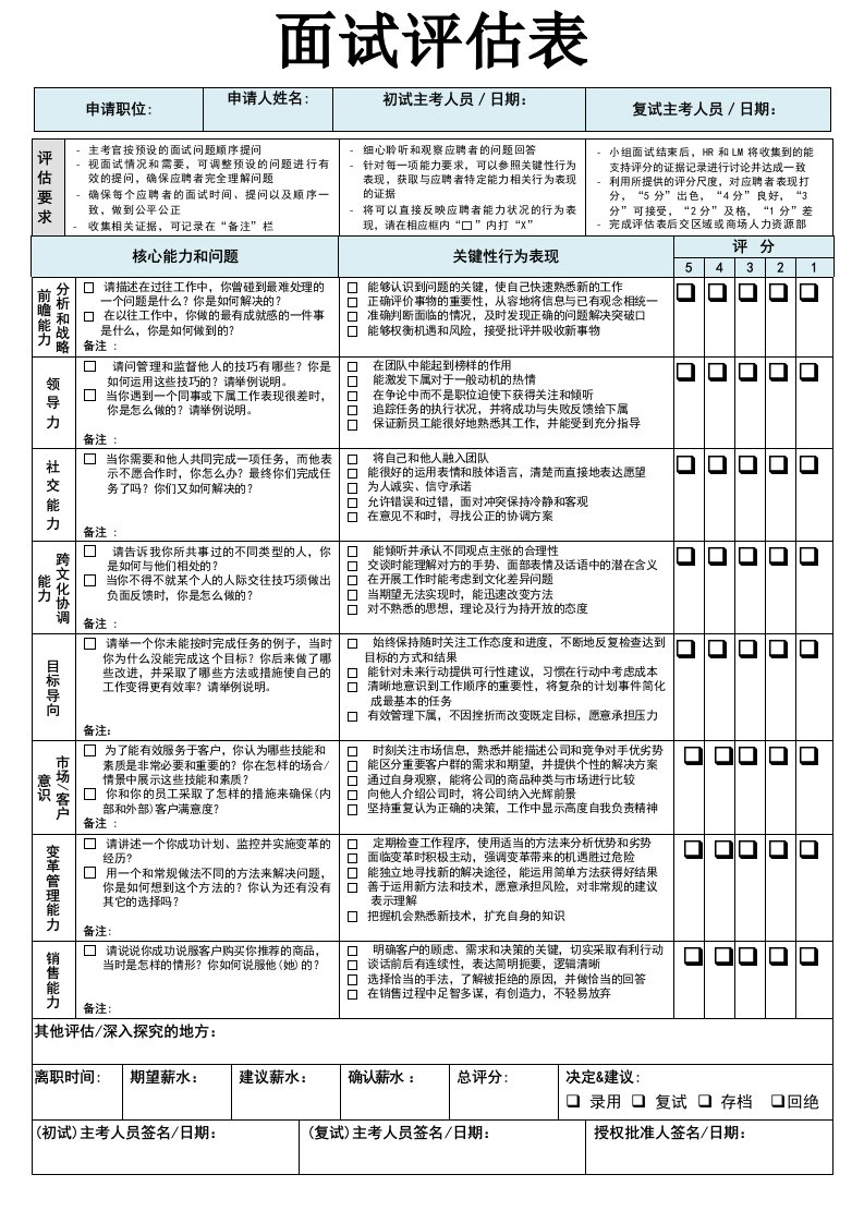 企业管理-面试评估表