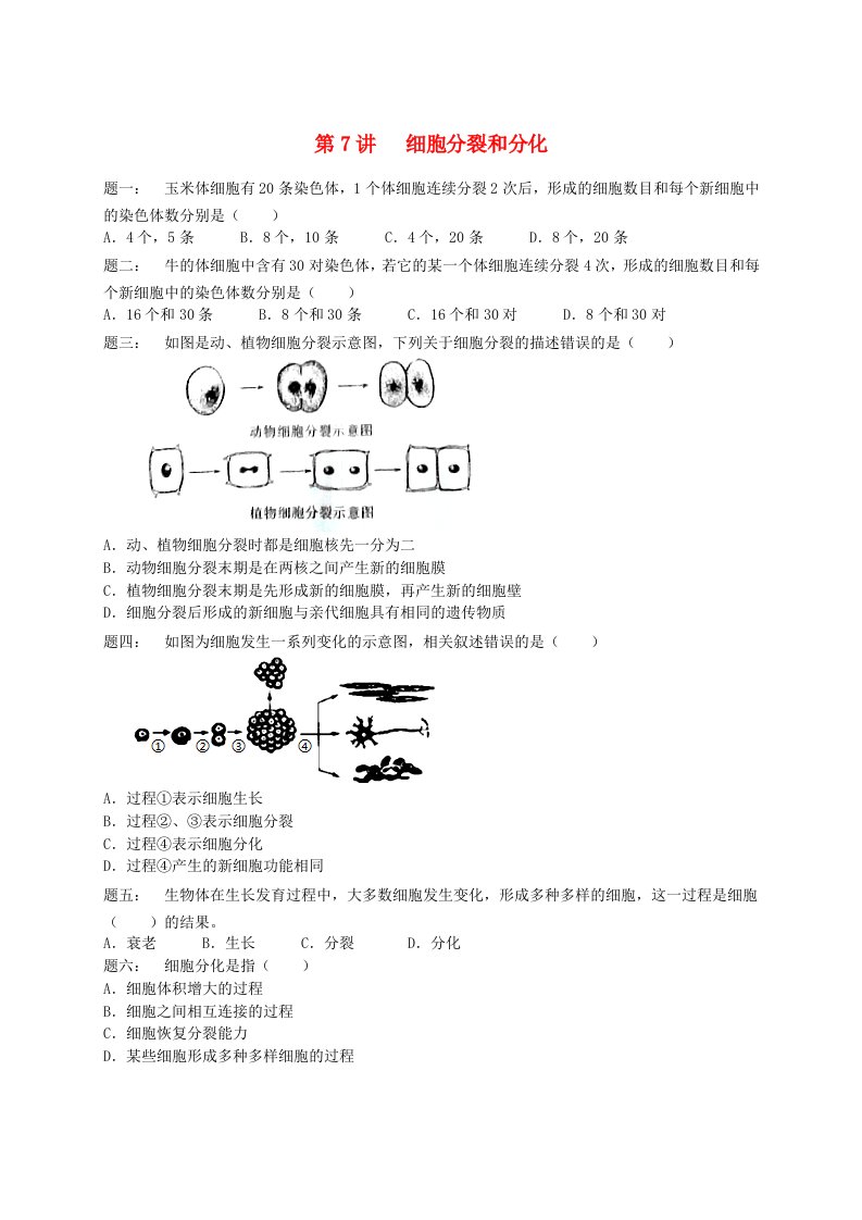 江苏省大丰市七年级生物上册第7讲细胞分裂和分化练习苏教版