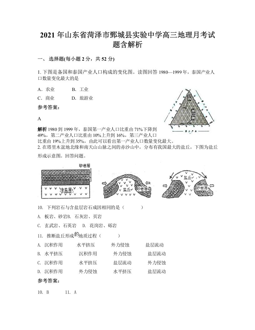 2021年山东省菏泽市鄄城县实验中学高三地理月考试题含解析