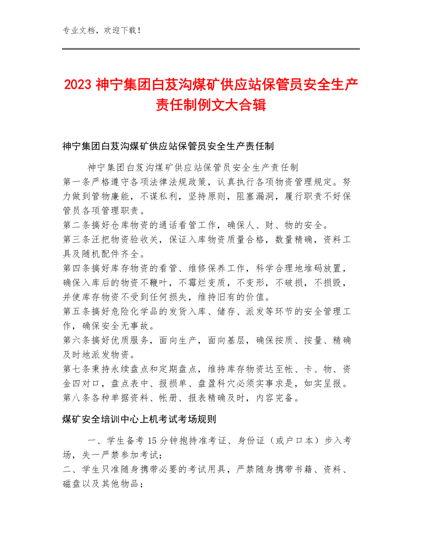 2023神宁集团白芨沟煤矿供应站保管员安全生产责任制例文大合辑